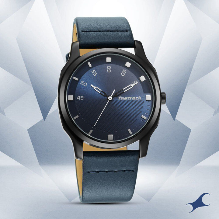 Fastrack Stunners Quartz Analog Blue Dial Leather Strap Watch for Guys NS3255NL03