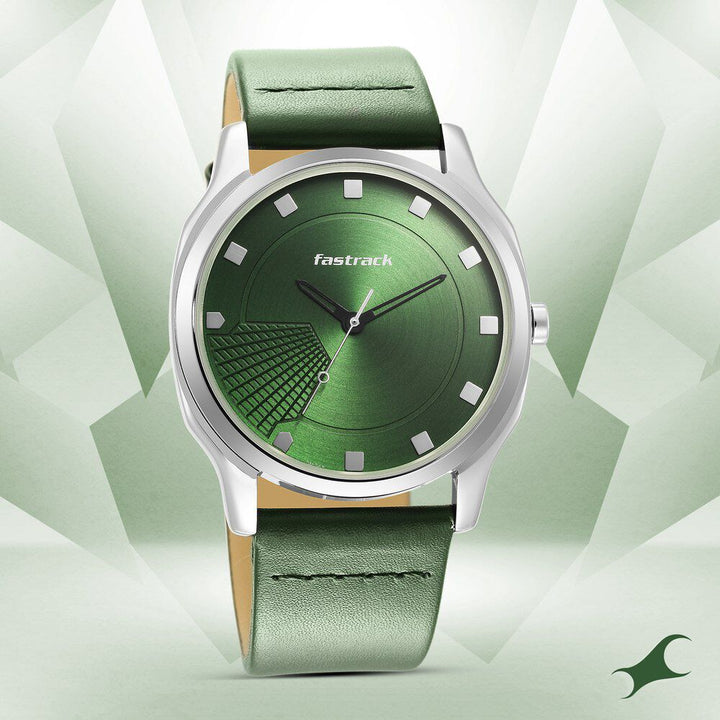 Fastrack Stunners Quartz Analog Green Dial Leather Strap Watch for Guys NS3255SL02