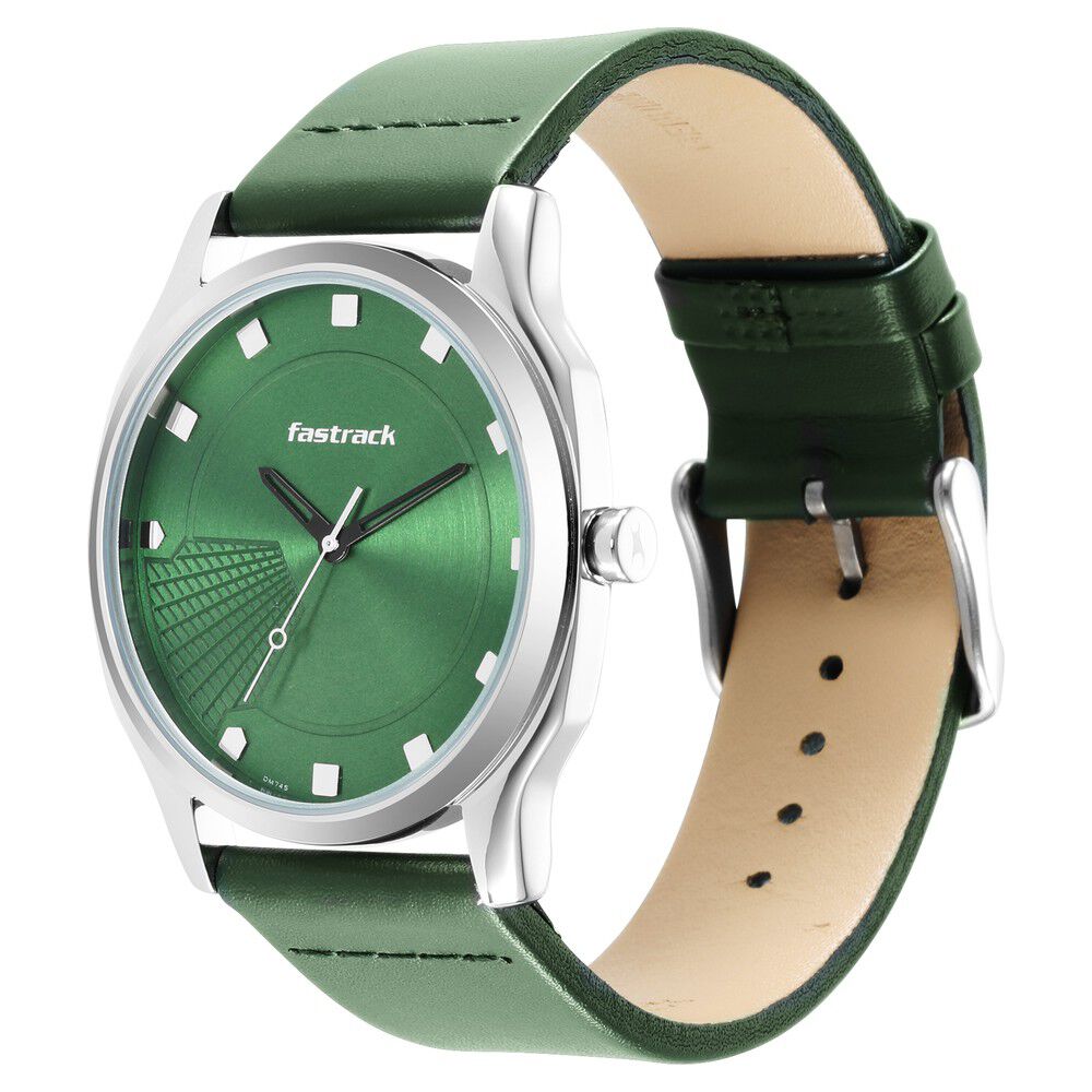 Fastrack Stunners Quartz Analog Green Dial Leather Strap Watch for Guys NS3255SL02