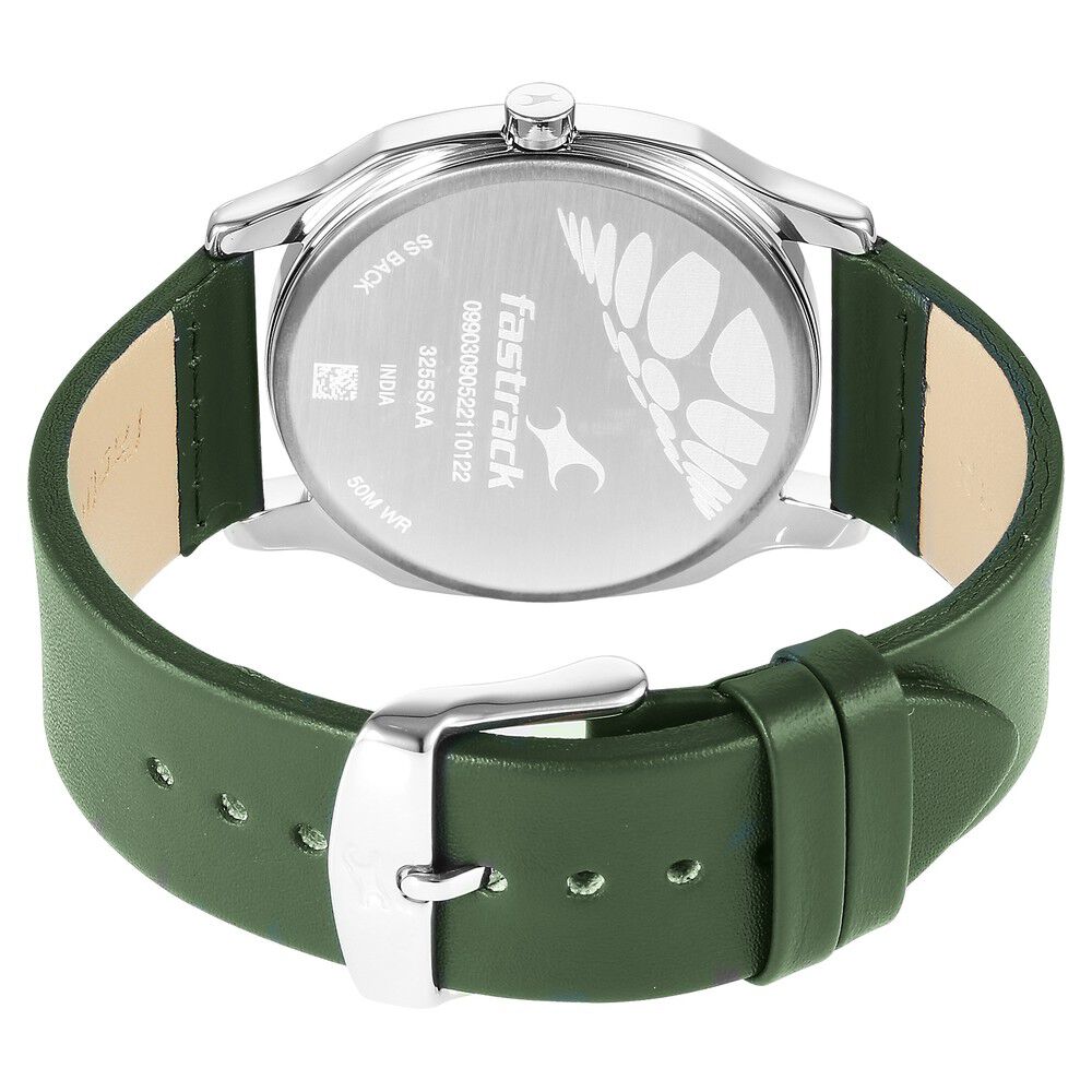 Fastrack Stunners Quartz Analog Green Dial Leather Strap Watch for Guys NS3255SL02