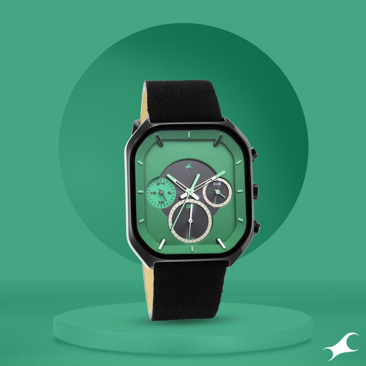 Fastrack After Dark Quartz Analog with Day and Date Green Dial Leather Strap Watch for Guys NS3270NL01