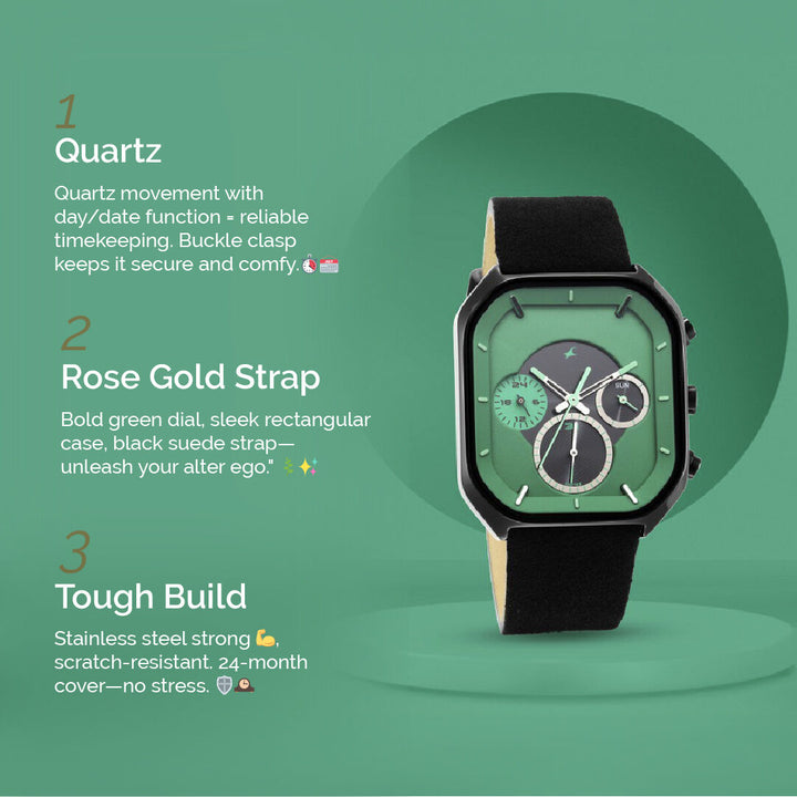 Fastrack After Dark Quartz Analog with Day and Date Green Dial Leather Strap Watch for Guys NS3270NL01
