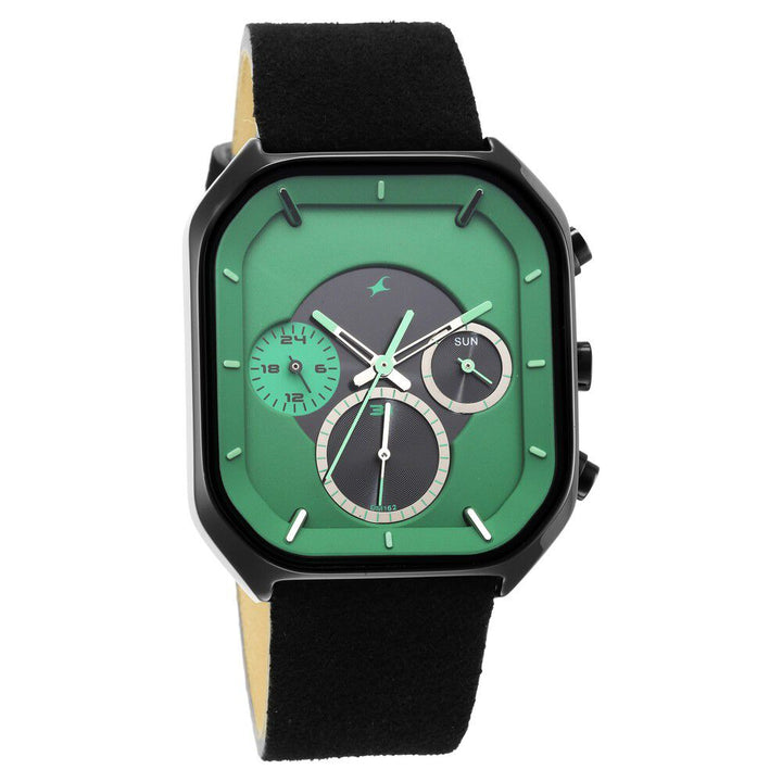 Fastrack After Dark Quartz Analog with Day and Date Green Dial Leather Strap Watch for Guys NS3270NL01