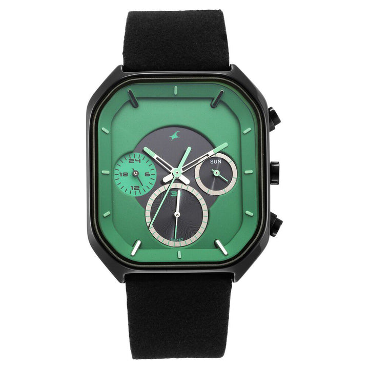 Fastrack After Dark Quartz Analog with Day and Date Green Dial Leather Strap Watch for Guys NS3270NL01