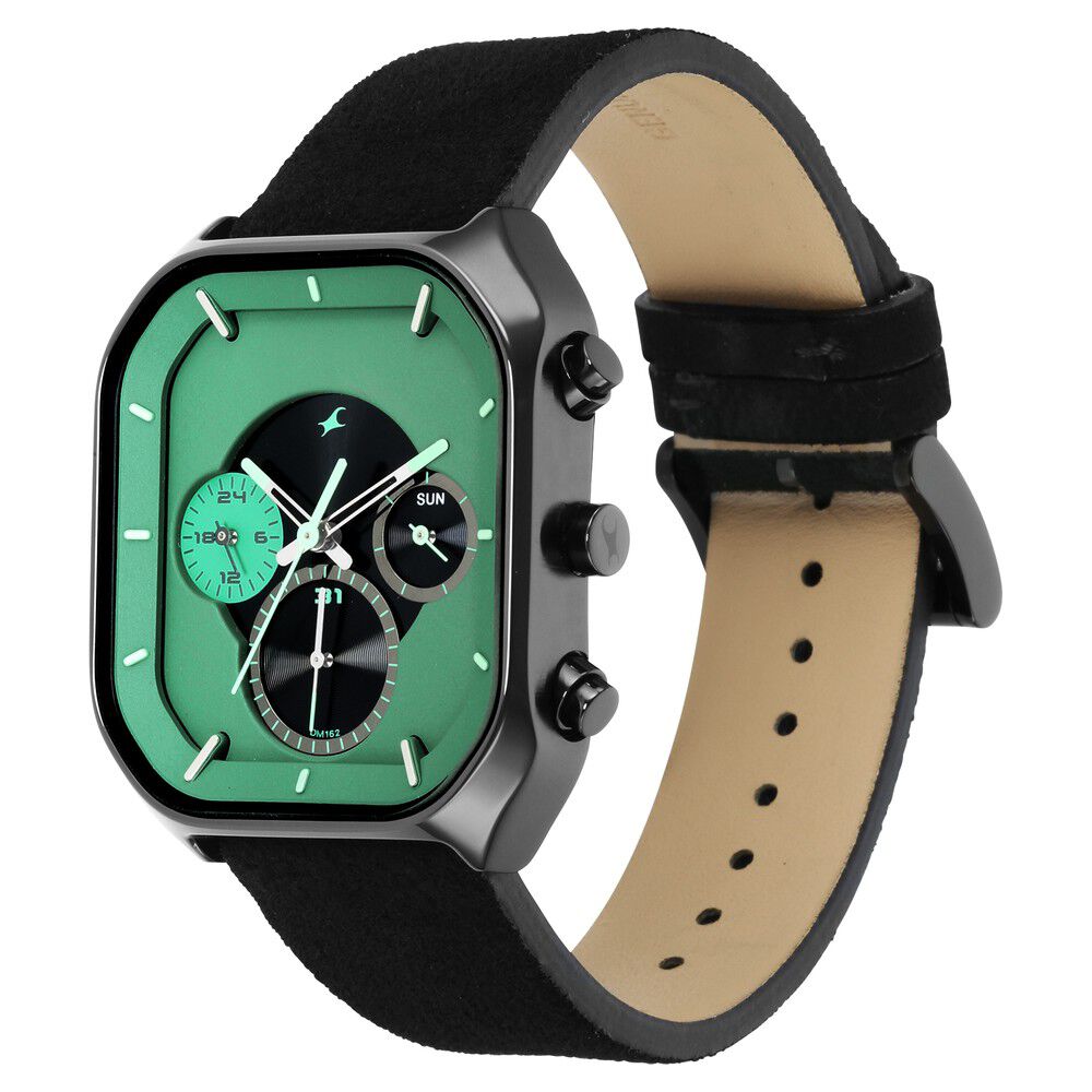 Fastrack After Dark Quartz Analog with Day and Date Green Dial Leather Strap Watch for Guys NS3270NL01