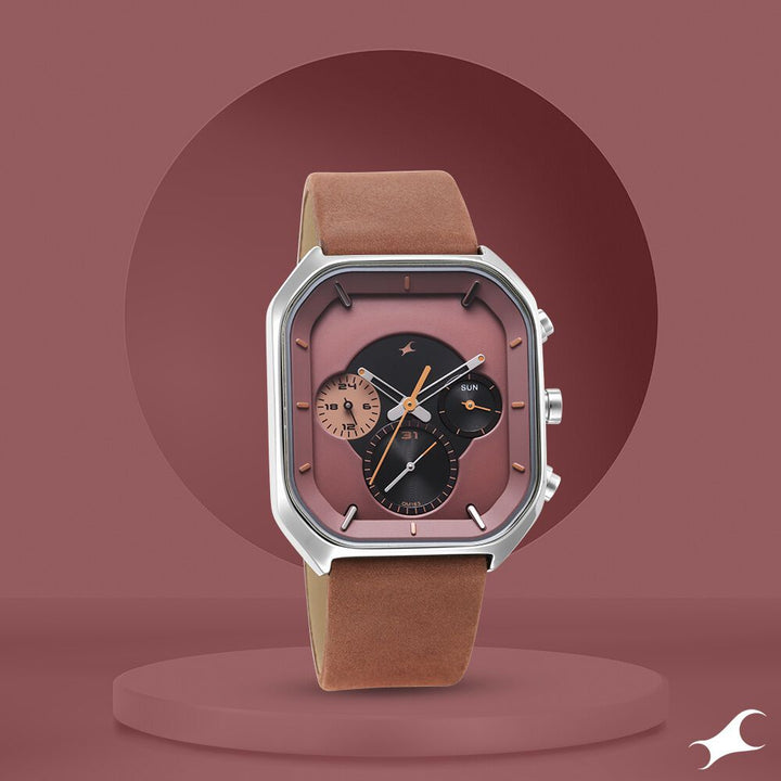 Fastrack After Dark Quartz Analog with Day and Date Brown Dial Leather Strap Watch for Guys NS3270SL01