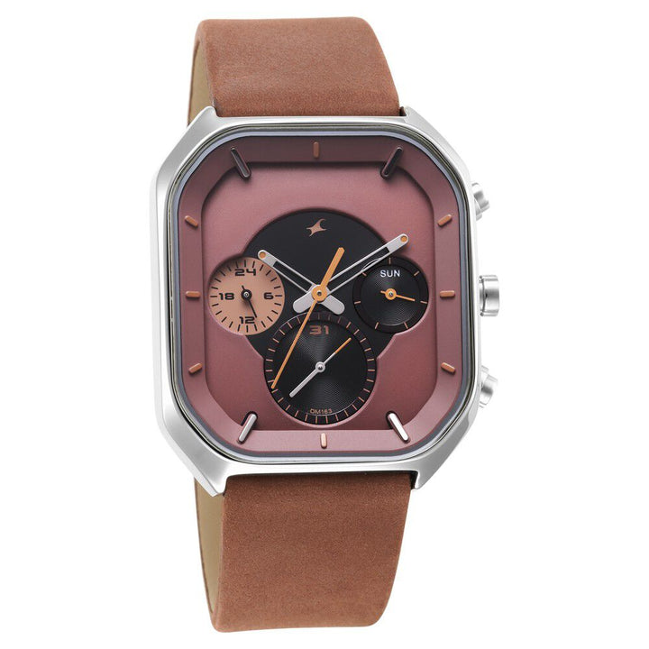 Fastrack After Dark Quartz Analog with Day and Date Brown Dial Leather Strap Watch for Guys NS3270SL01