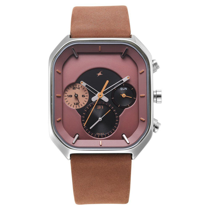 Fastrack After Dark Quartz Analog with Day and Date Brown Dial Leather Strap Watch for Guys NS3270SL01