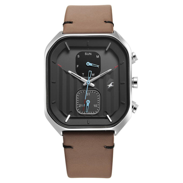 Fastrack Fleek Quartz Multifunction Grey Dial Leather Strap Watch For Guys 3270SL04
