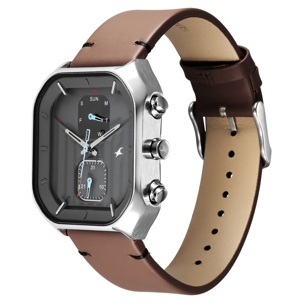 Fastrack Fleek Quartz Multifunction Grey Dial Leather Strap Watch For Guys 3270SL04