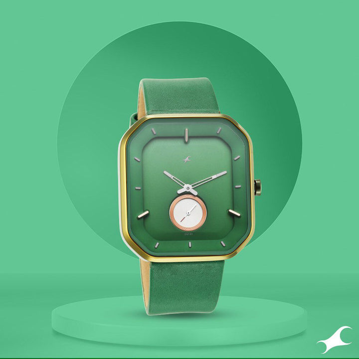 Fastrack After Dark Quartz Analog Green Dial Leather Strap Watch for Guys NR3272QL01
