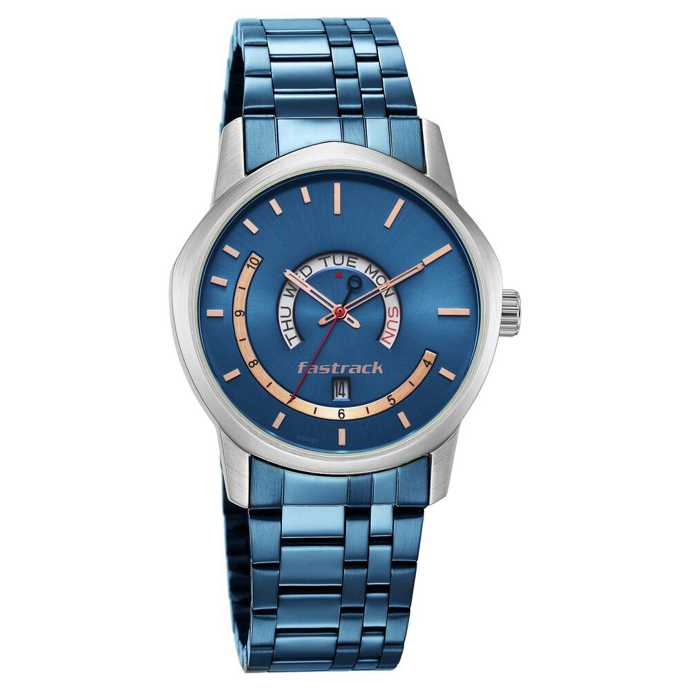 Fastrack Exuberant Quartz Analog with Day and Date Blue Dial Metal Strap Watch for Guys NR3279KM01