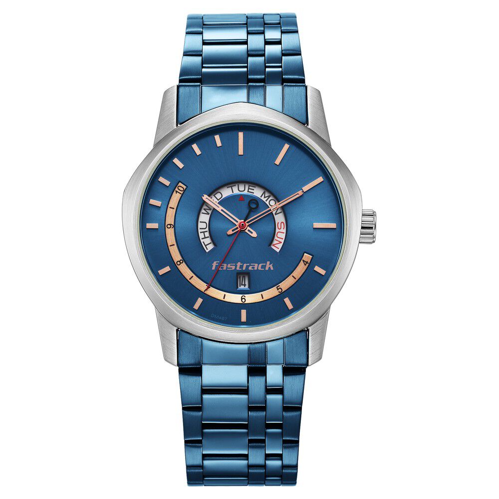 Fastrack Exuberant Quartz Analog with Day and Date Blue Dial Metal Strap Watch for Guys NR3279KM01
