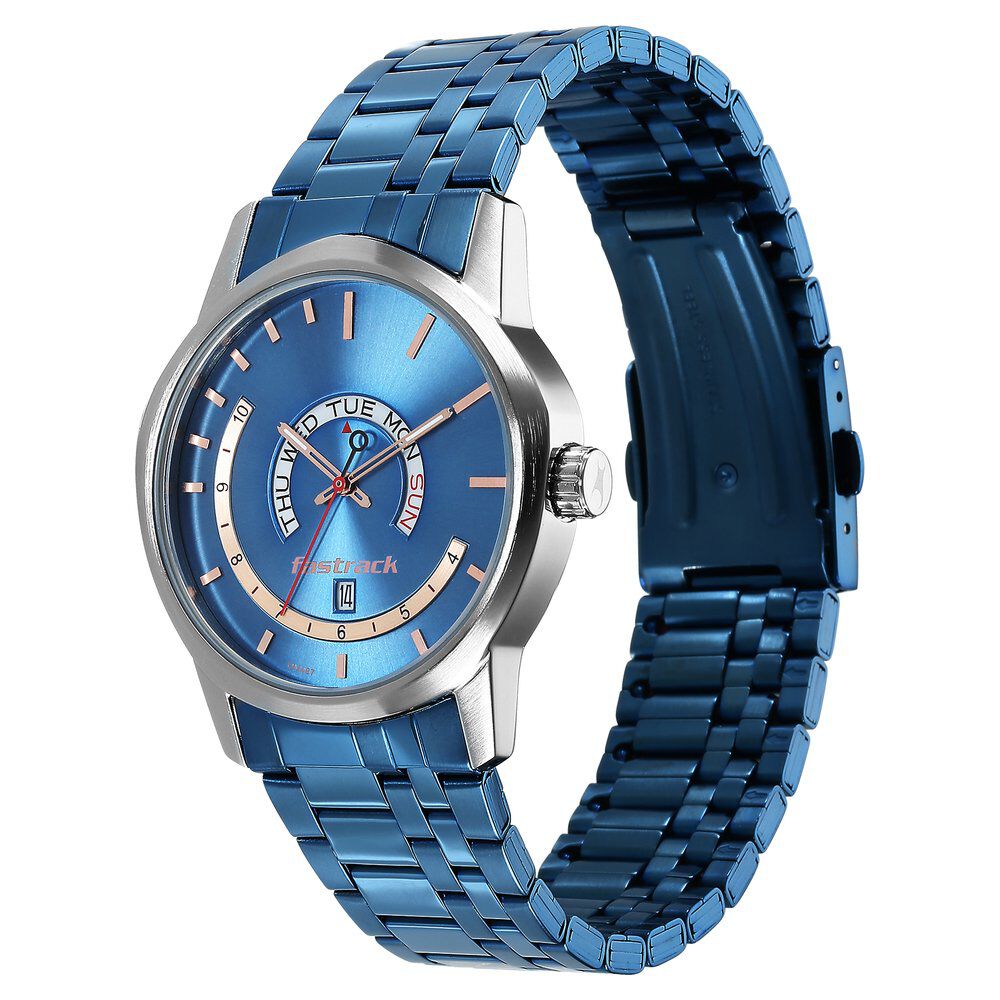 Fastrack Exuberant Quartz Analog with Day and Date Blue Dial Metal Strap Watch for Guys NR3279KM01
