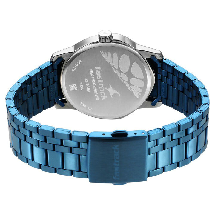 Fastrack Exuberant Quartz Analog with Day and Date Blue Dial Metal Strap Watch for Guys NR3279KM01