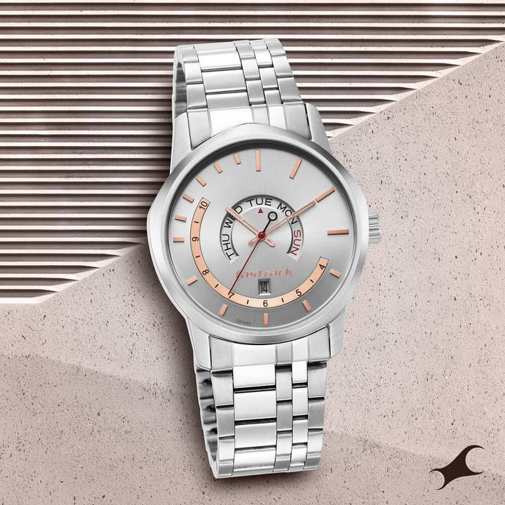 Fastrack Exuberant Quartz Analog with Day and Date Silver Dial Metal Strap Watch for Guys NS3279SM01