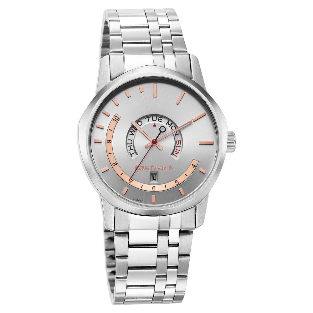 Fastrack Exuberant Quartz Analog with Day and Date Silver Dial Metal Strap Watch for Guys NS3279SM01