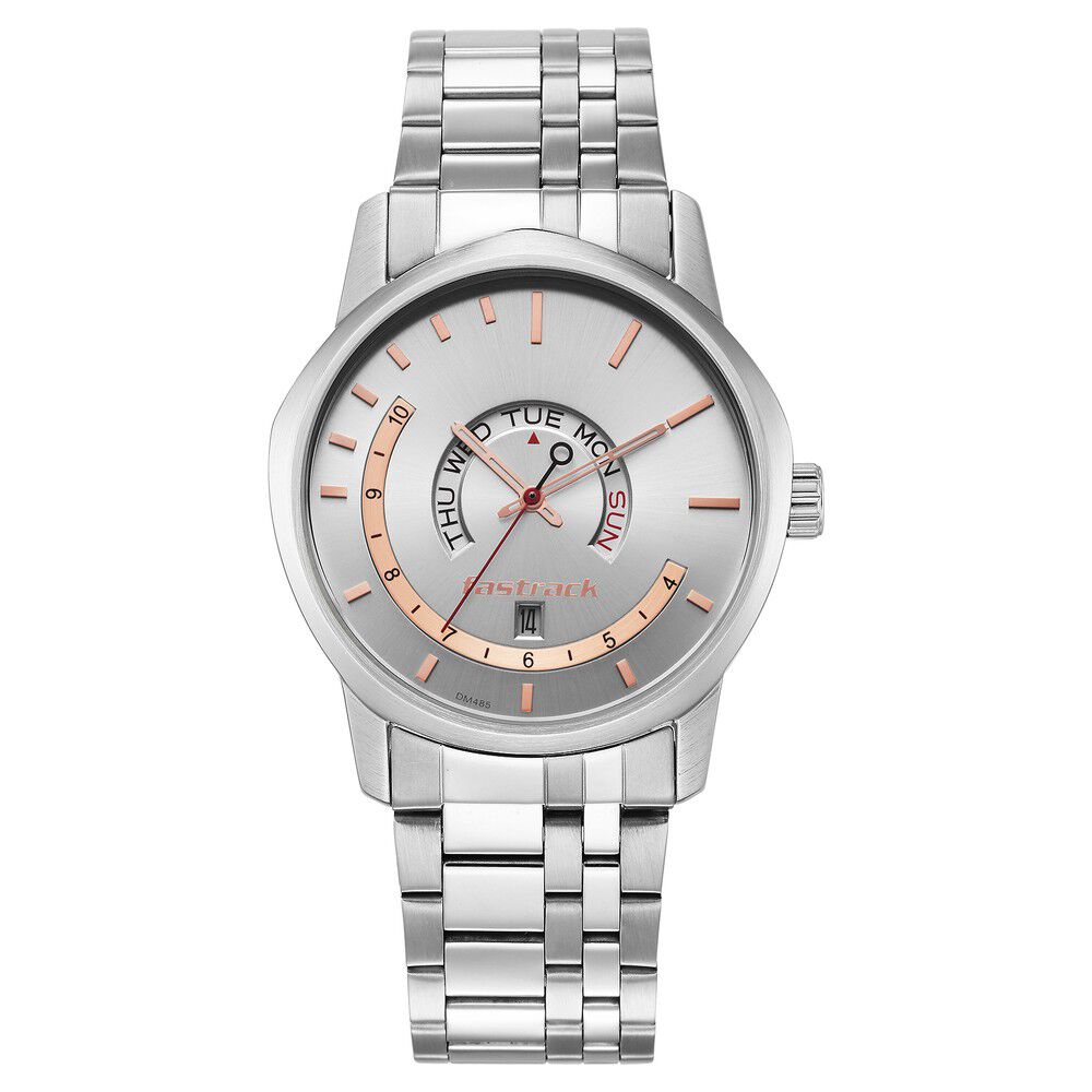 Fastrack Exuberant Quartz Analog with Day and Date Silver Dial Metal Strap Watch for Guys NS3279SM01
