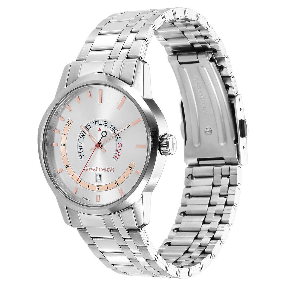 Fastrack Exuberant Quartz Analog with Day and Date Silver Dial Metal Strap Watch for Guys NS3279SM01