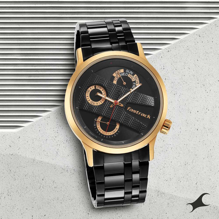 Fastrack Exuberant Quartz Analog Black Dial Metal Strap Watch for Guys 3281KM01