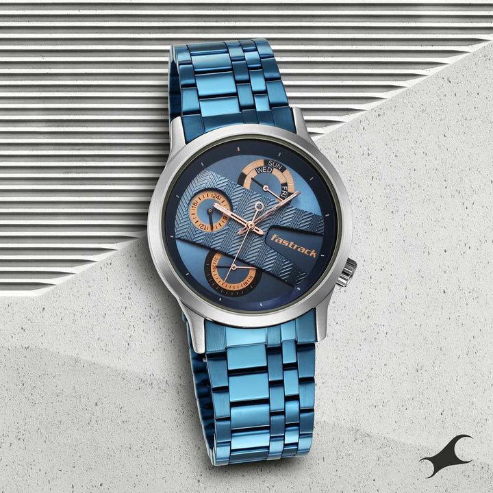 Fastrack Exuberant Quartz Analog Blue Dial Metal Strap Watch for Guys 3281KM02