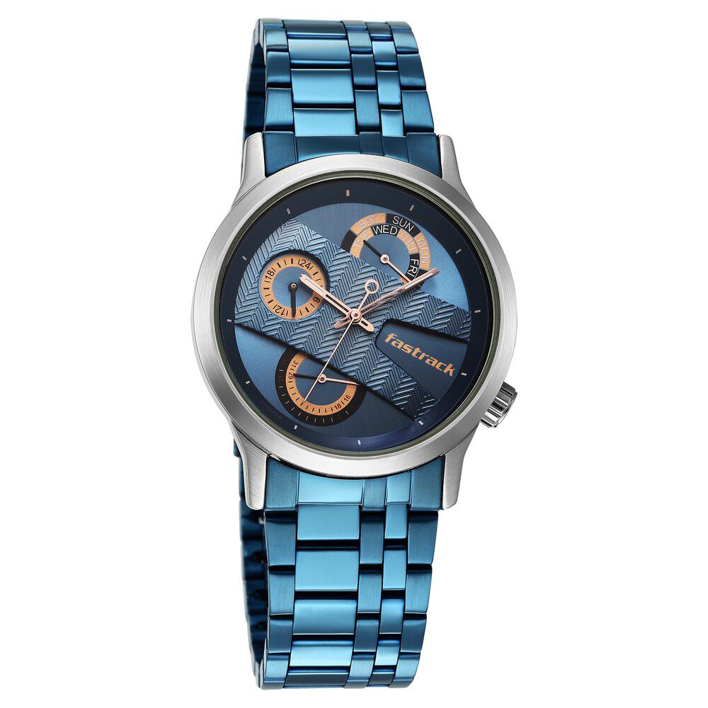 Fastrack Exuberant Quartz Analog Blue Dial Metal Strap Watch for Guys 3281KM02