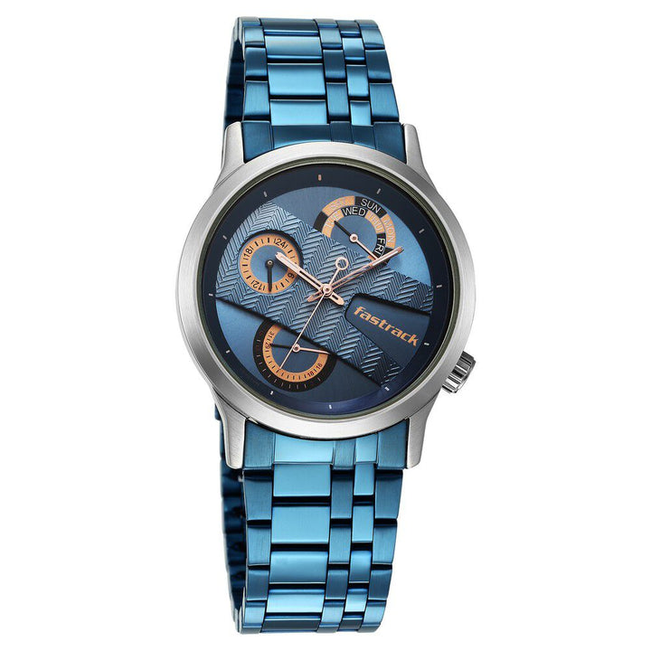 Fastrack Exuberant Quartz Analog Blue Dial Metal Strap Watch for Guys 3281KM02
