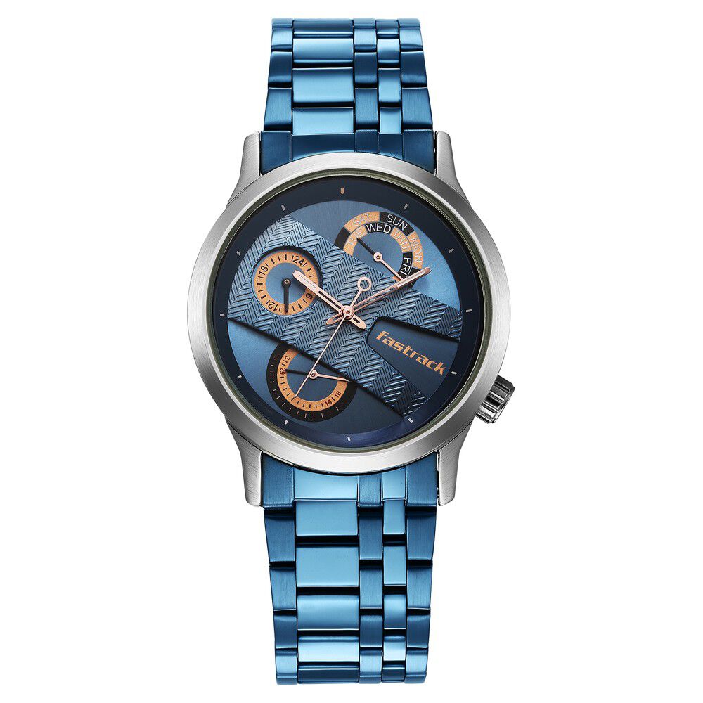 Fastrack Exuberant Quartz Analog Blue Dial Metal Strap Watch for Guys 3281KM02