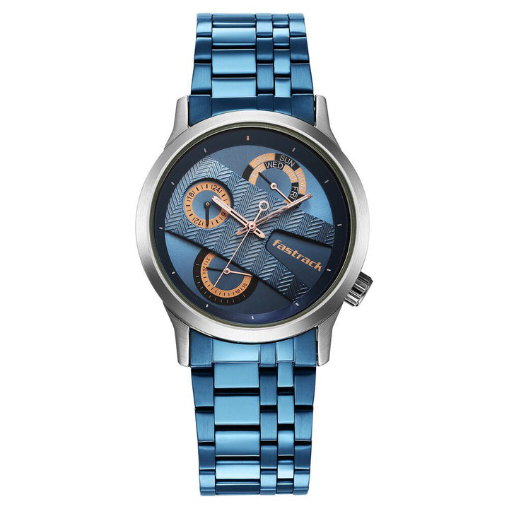 Fastrack Exuberant Quartz Analog Blue Dial Metal Strap Watch for Guys 3281KM02
