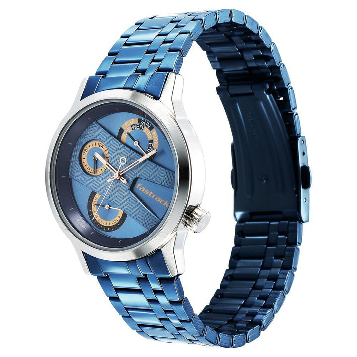 Fastrack Exuberant Quartz Analog Blue Dial Metal Strap Watch for Guys 3281KM02