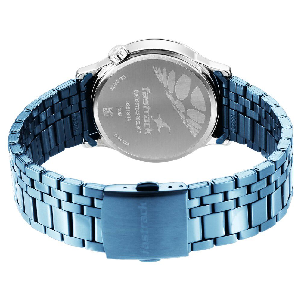 Fastrack Exuberant Quartz Analog Blue Dial Metal Strap Watch for Guys 3281KM02