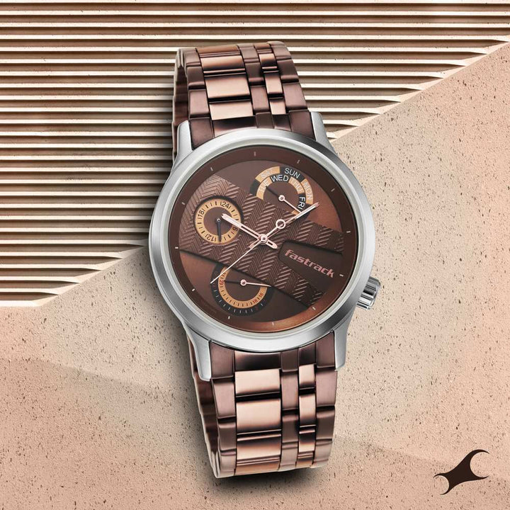 Fastrack Exuberant Quartz Multifunction Brown Dial Metal Strap Watch for Guys 3281KM03