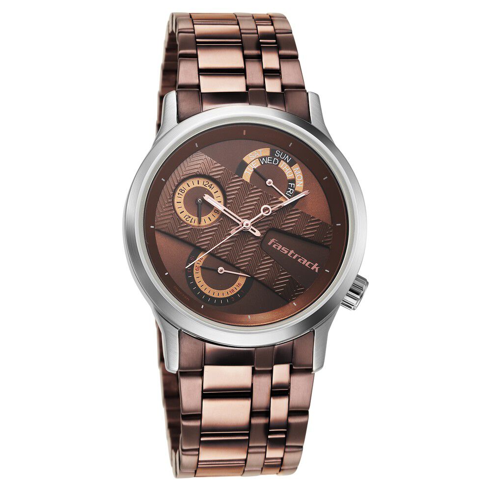 Fastrack Exuberant Quartz Multifunction Brown Dial Metal Strap Watch for Guys 3281KM03