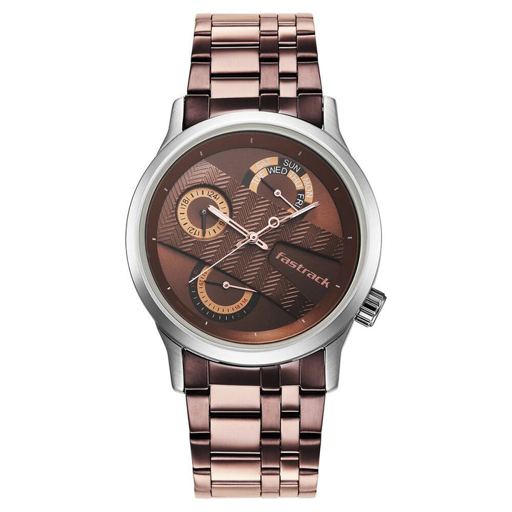 Fastrack Exuberant Quartz Multifunction Brown Dial Metal Strap Watch for Guys 3281KM03