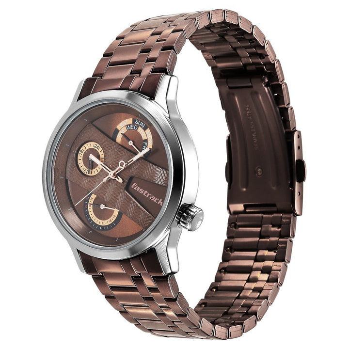 Fastrack Exuberant Quartz Multifunction Brown Dial Metal Strap Watch for Guys 3281KM03