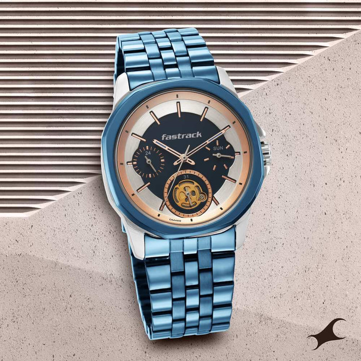 Fastrack Exuberant Quartz Analog Blue Dial Metal Strap Watch for Guys 3283KM01