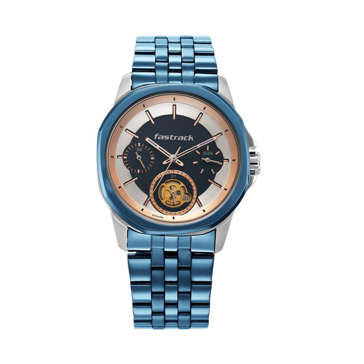 Fastrack Exuberant Quartz Analog Blue Dial Metal Strap Watch for Guys 3283KM01