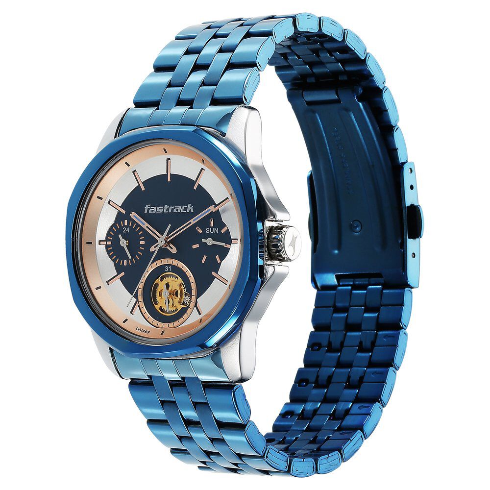 Fastrack Exuberant Quartz Analog Blue Dial Metal Strap Watch for Guys 3283KM01