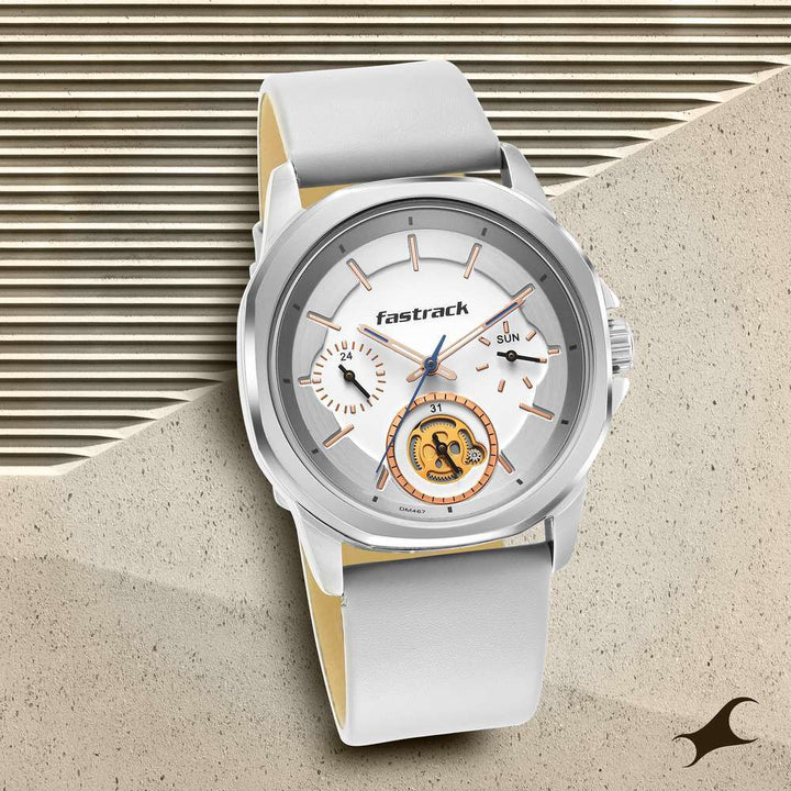 Fastrack Exuberant Quartz Analog White Dial Leather Strap Watch for Guys 3283SL01