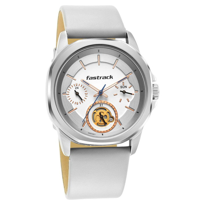 Fastrack Exuberant Quartz Analog White Dial Leather Strap Watch for Guys 3283SL01