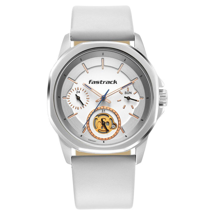 Fastrack Exuberant Quartz Analog White Dial Leather Strap Watch for Guys 3283SL01