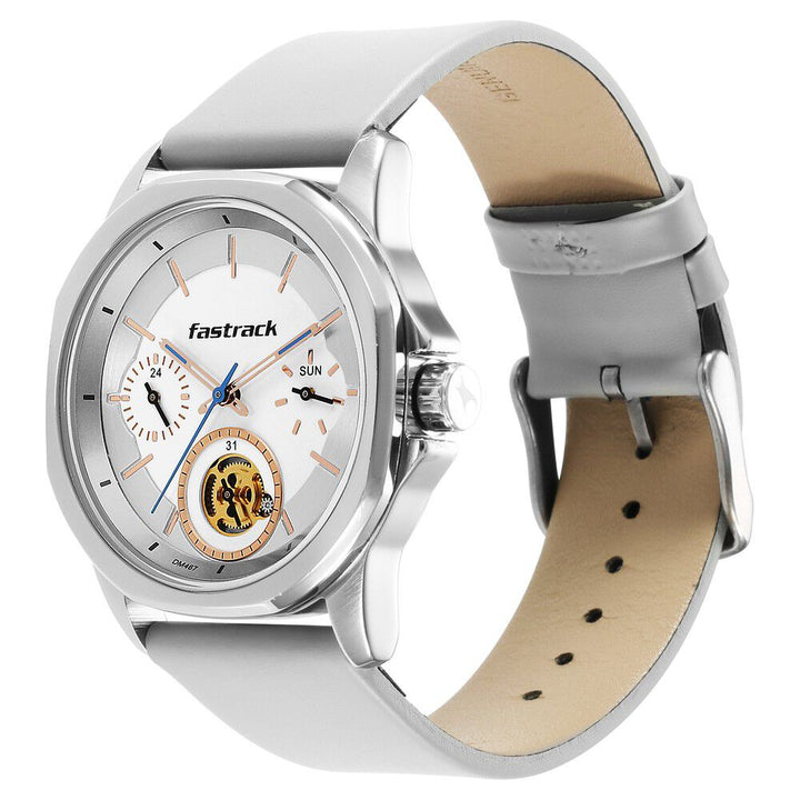 Fastrack Exuberant Quartz Analog White Dial Leather Strap Watch for Guys 3283SL01