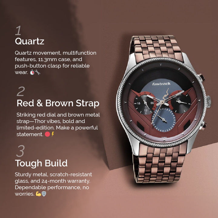 Fastrack Thor Quartz Multifunction Red Dial Metal Strap Watch for Guys NS3286KM01