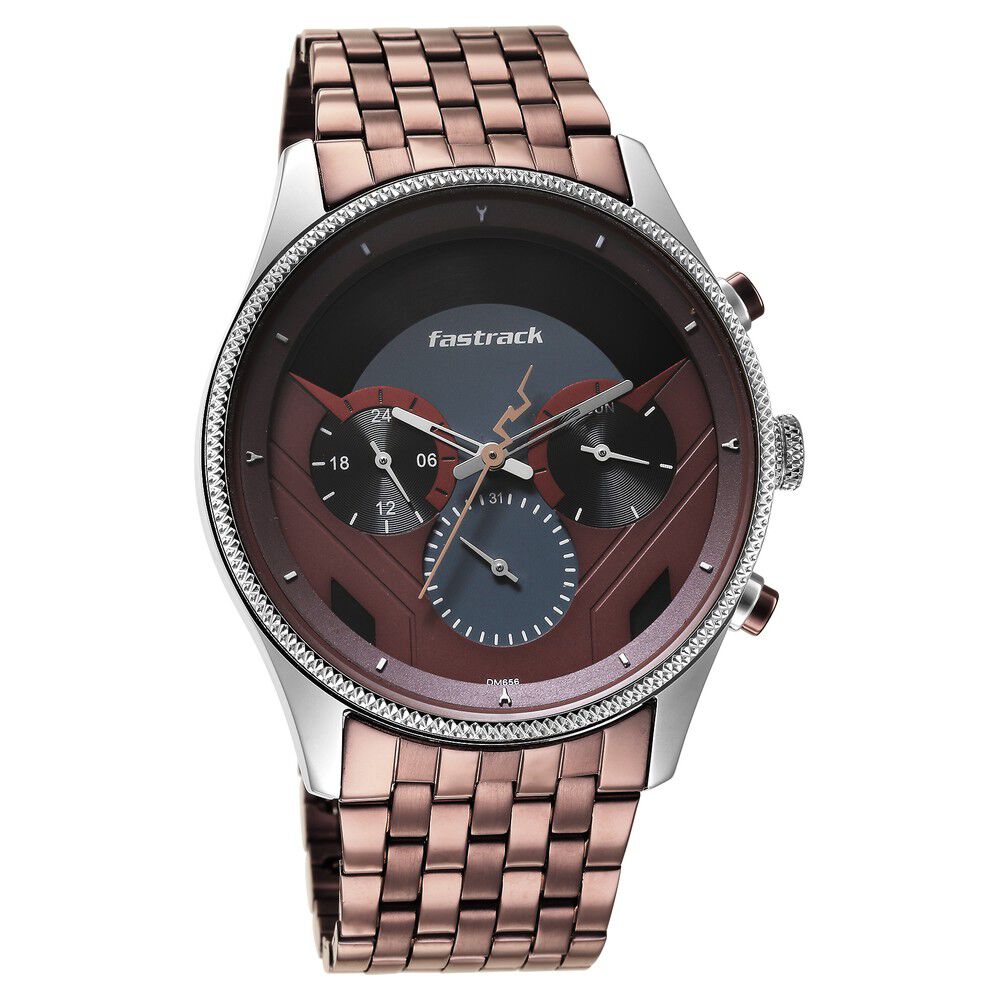 Fastrack Thor Quartz Multifunction Red Dial Metal Strap Watch for Guys NS3286KM01