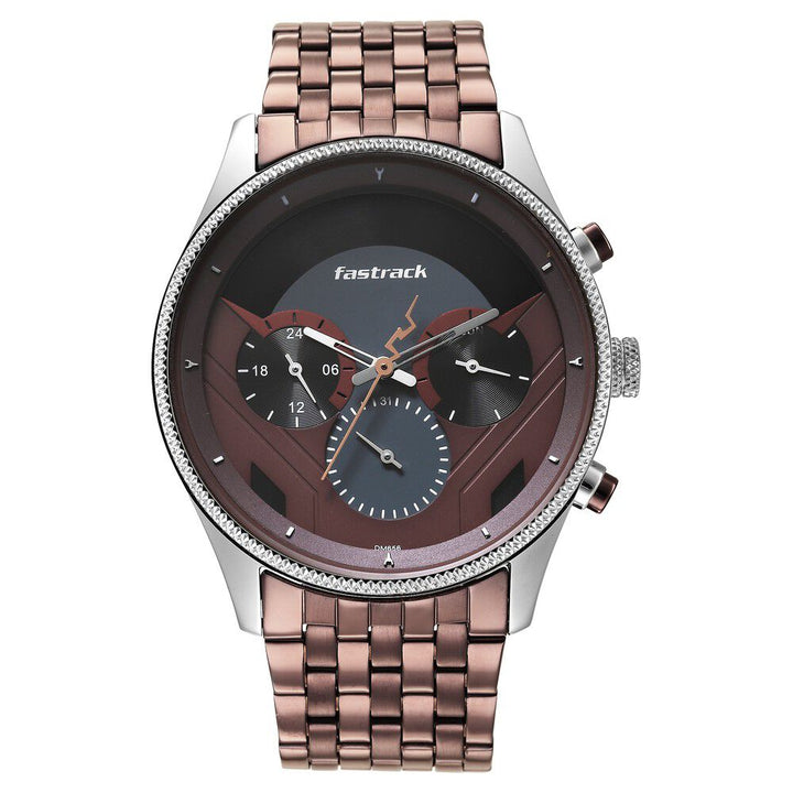 Fastrack Thor Quartz Multifunction Red Dial Metal Strap Watch for Guys NS3286KM01