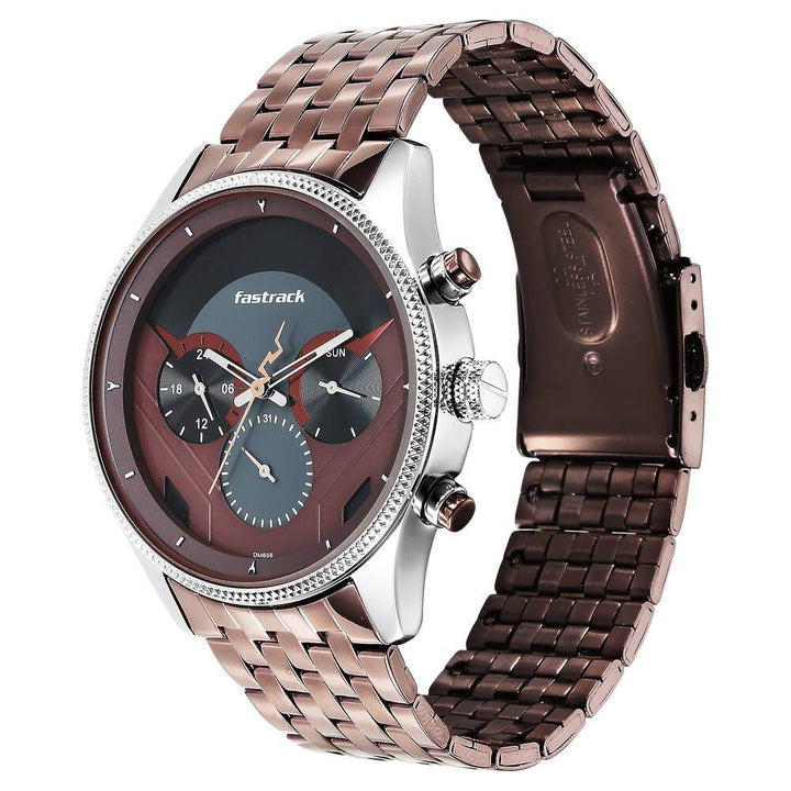 Fastrack Thor Quartz Multifunction Red Dial Metal Strap Watch for Guys NS3286KM01