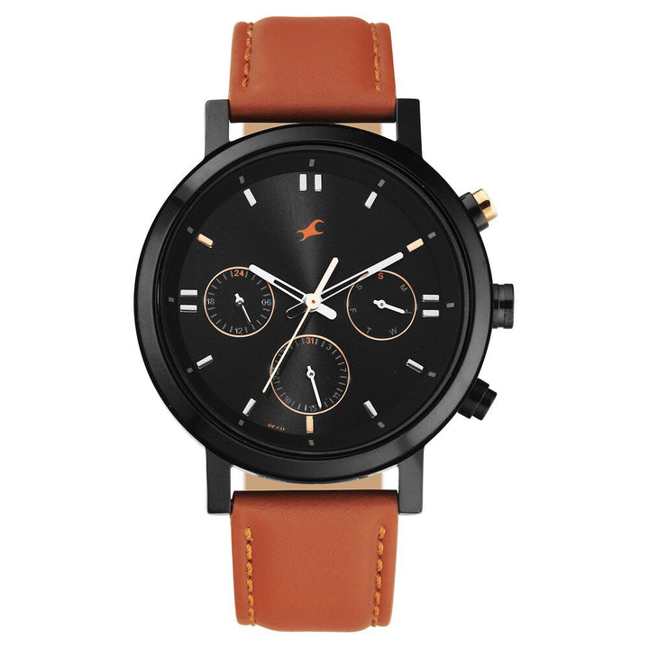 Fastrack Tick Tock Quartz Analog Black dial Leather Strap Watch for Guys 3287KL01