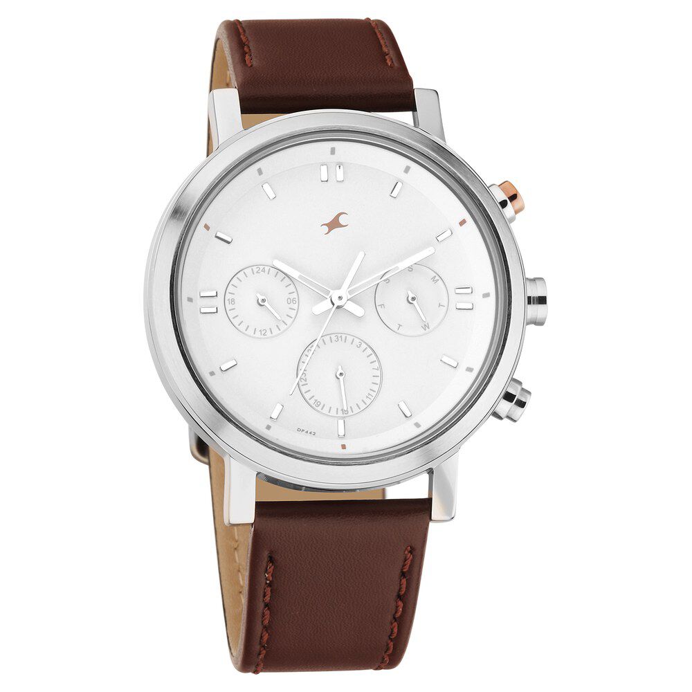 Fastrack Tick Tock Quartz Analog White dial Leather Strap Watch for Guys 3287KL02