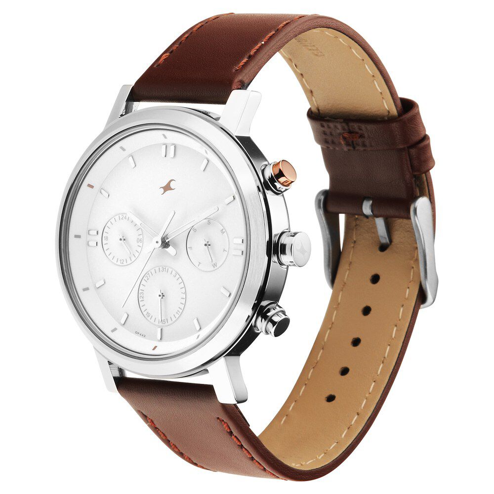 Fastrack Tick Tock Quartz Analog White dial Leather Strap Watch for Guys 3287KL02