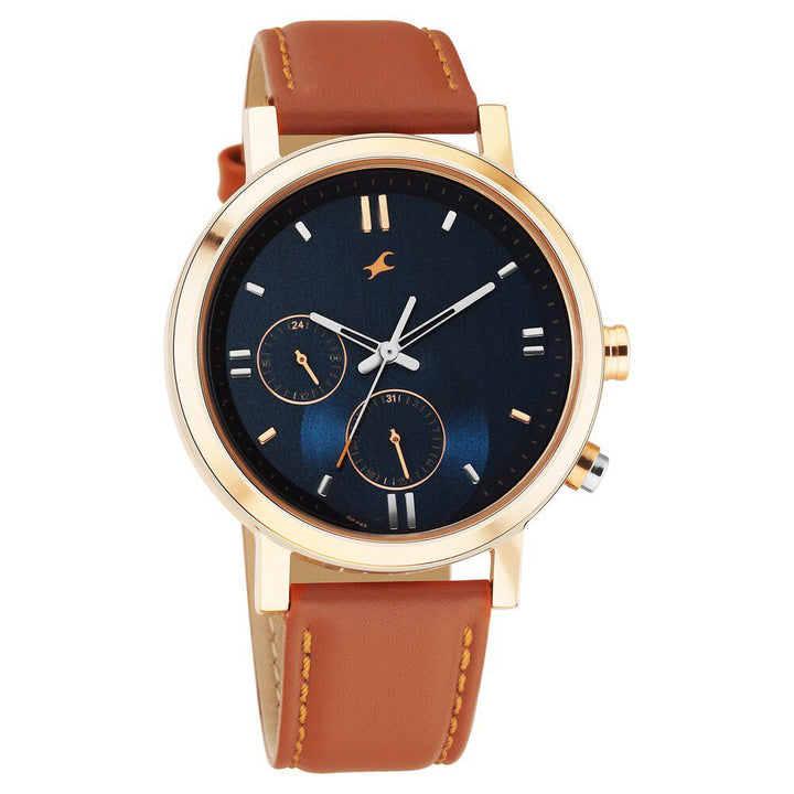 Fastrack Tick Tock Quartz Analog Blue dial Leather Strap Watch for Guys 3287KL03